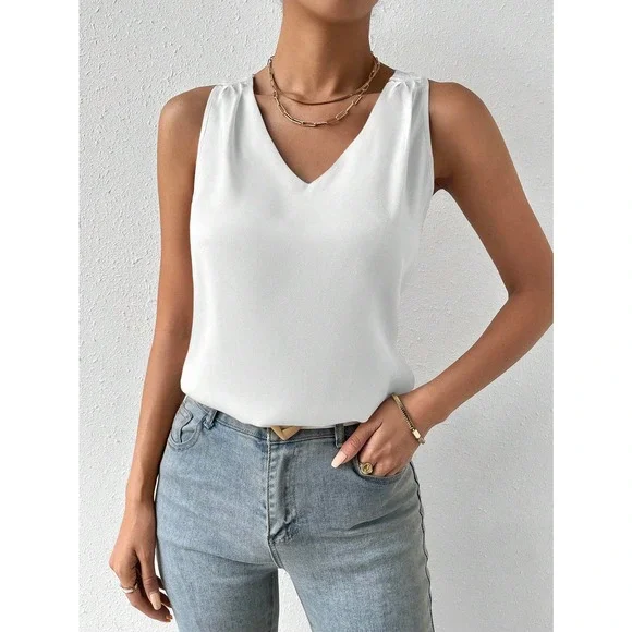 minimalist Solid V Neck Tank Top workwear office business casual cream - Picture 9 of 12